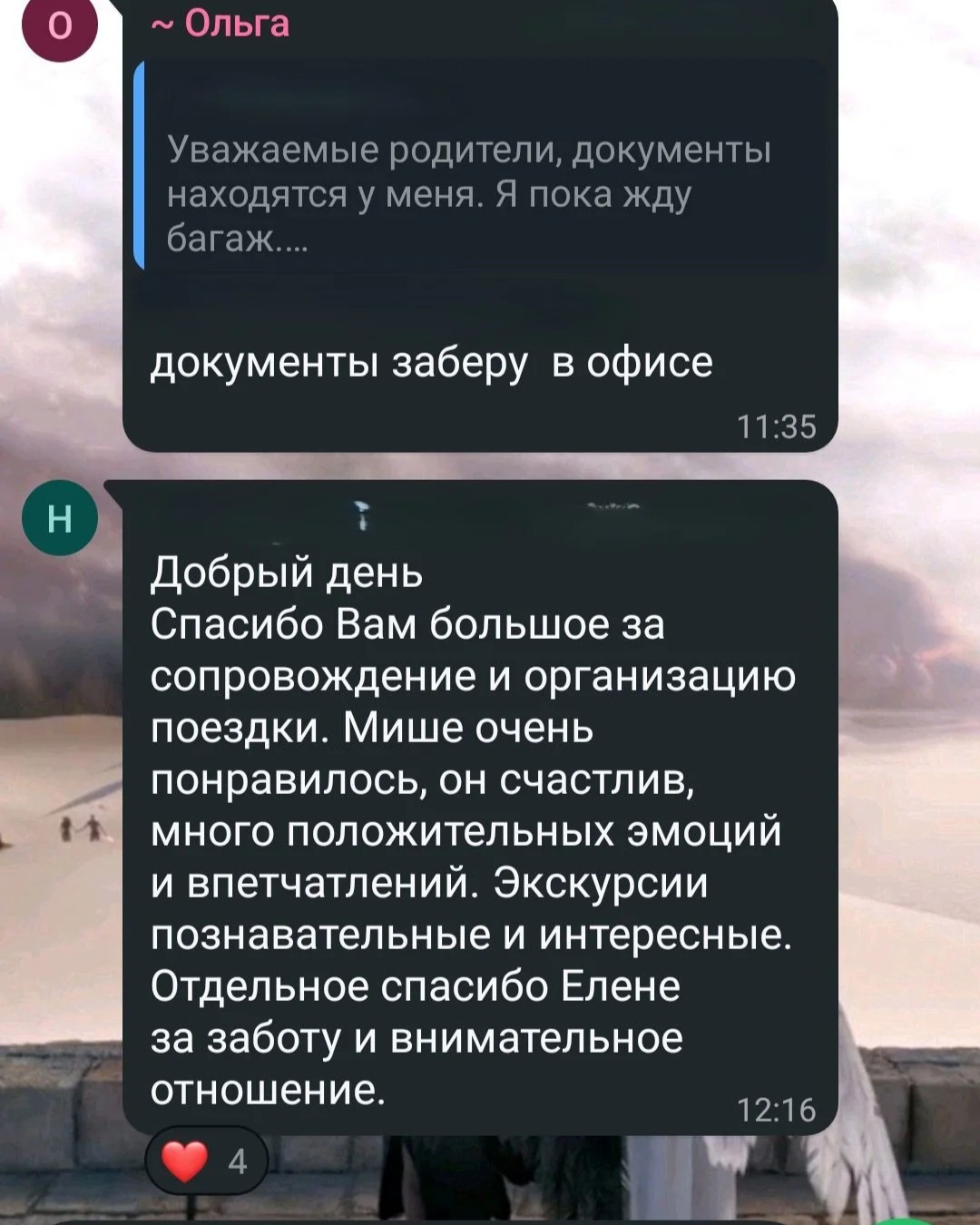 Скриншот чата родителей — отзыв о смене с экскурсиями
